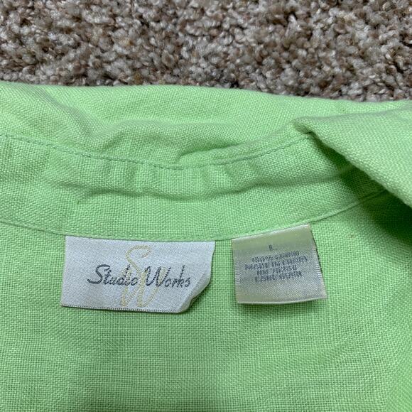 Vintage Key Lime Green Linen Blend Button Down Summer Breezy Blouse Large - Picture 3 of 4